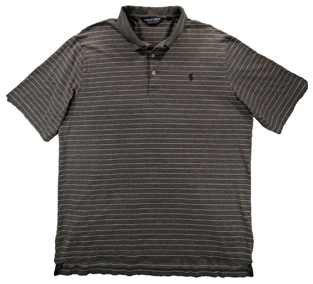 Ralph Lauren Polo Shirt Men's Large  Gray Striped Golf Pima Cotton Short Sleeve